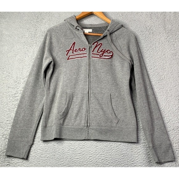 Aéropostale Tops - Aeropostale Hoodie Womens Size Medium Gray Full Zip Aero Nyc Logo Fleece Y2K